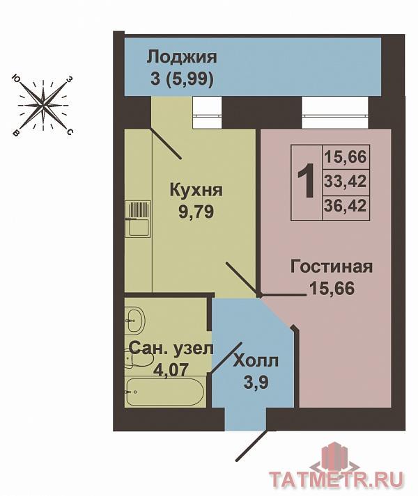 Продается однокомнатная квартира площадью 36.42 / 15.66 / 9.79 кв.м. в престижном жилом комплексе «Art City»  в 5... - 8