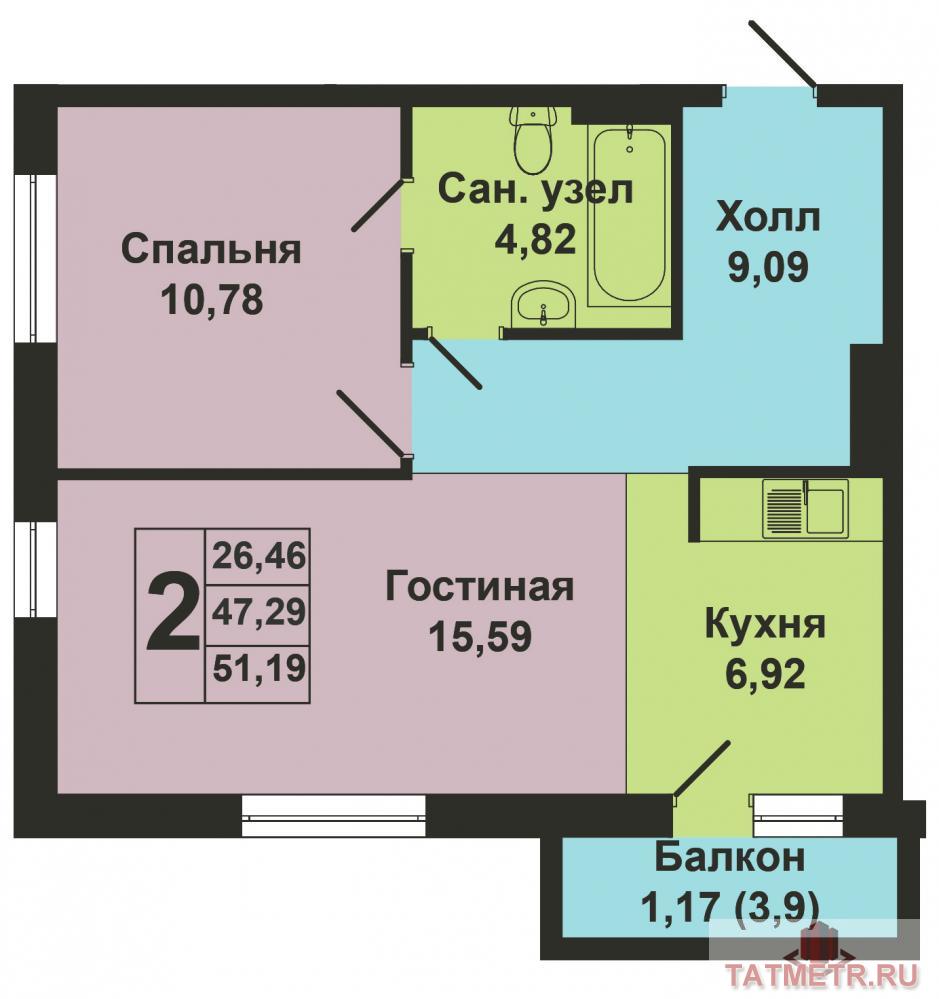 Продается двухкомнатная квартира площадью 47.29 кв.м. в жилом комплексе 'Green'. Это новый жилой комплекс от... - 5