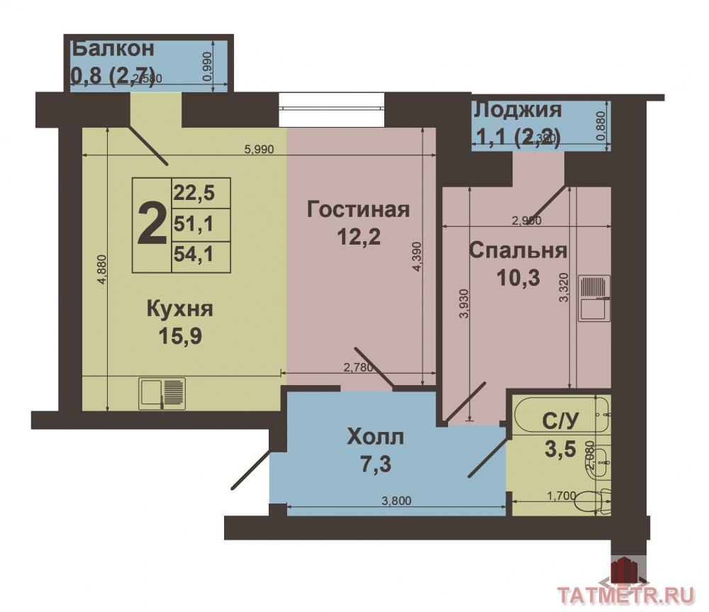 Продается комфортная 2-комнатная квартира в ЖК «Усадьба Царево» по ул.Шаляпина,д.12 общей площадью 51,1 кв.м на 1-м... - 15