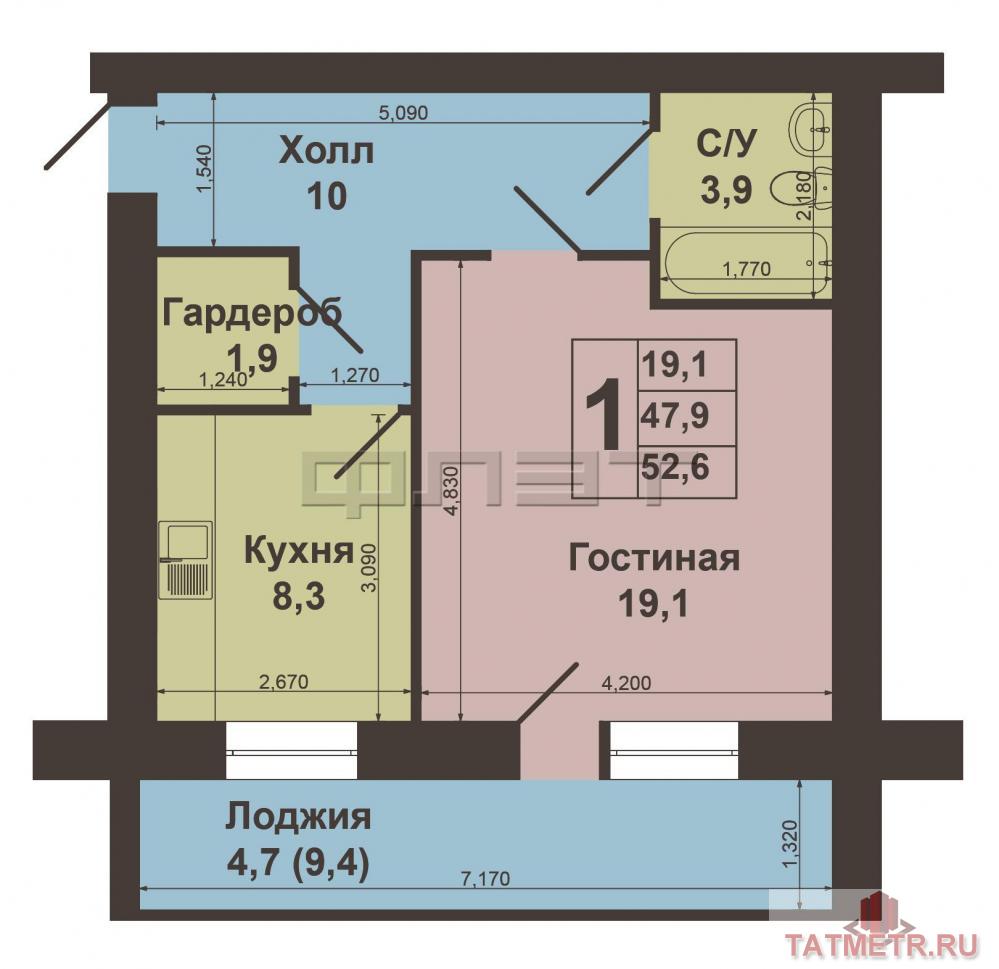 Продается уютная однокомнатная квартира площадью 47, 9 кв.м.на 5-м этаже 9-ти этажного кирпичного дома по... - 8