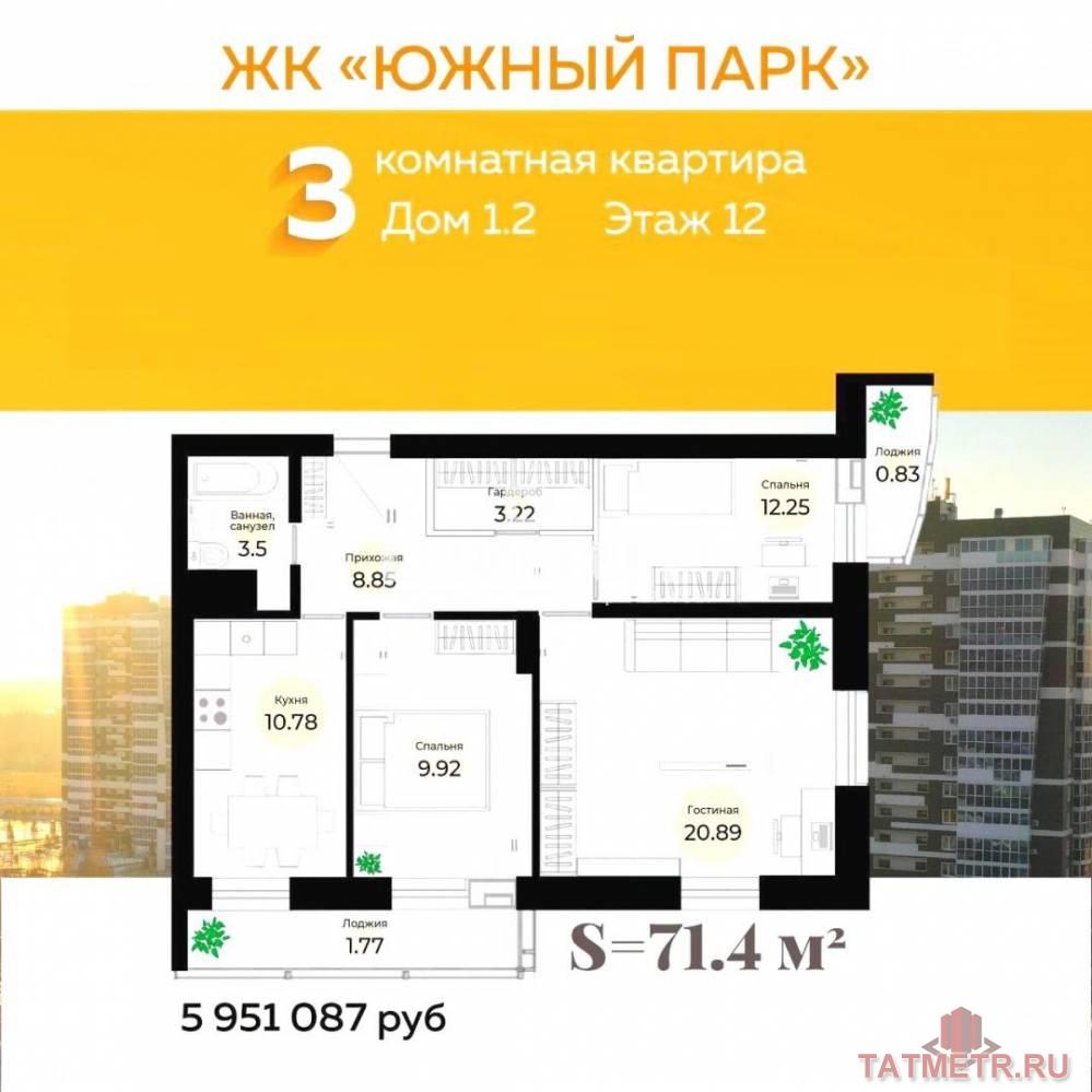 ЖК «Южный парк» — продается 3-х квартира в новом современном комплексе.  Отличная планировка. панорамный вид из окна.... - 1