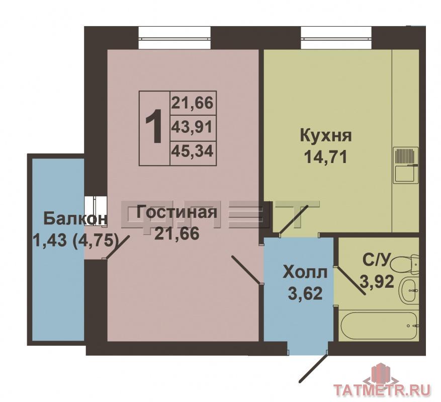 Продается однокомнатная квартира площадью 45.34 / 21.66 / 14.71  кв.м. в престижном жилом комплексе 'ART CITY' в 5... - 9
